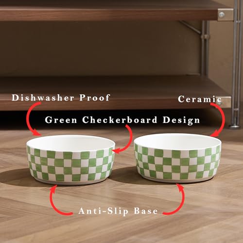 6.4 inch Ceramic Hand Painted Basic Dog Bowl Set of 2 with Anti-Skid Rubber Base, Food and Water Bowls for Small Pets Green - color: Green