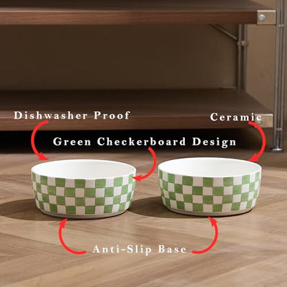 6.4 inch Ceramic Hand Painted Basic Dog Bowl Set of 2 with Anti-Skid Rubber Base, Food and Water Bowls for Small Pets Green - color: Green