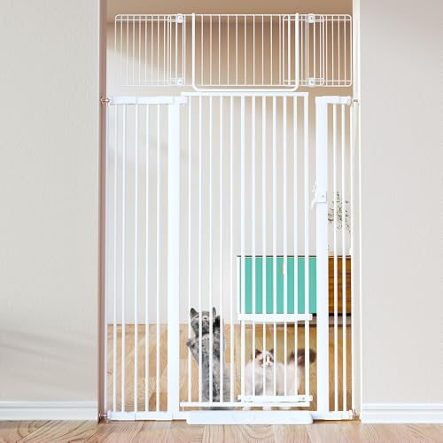COMOMY 71" Extra Tall Pet Gate for Cats, 29.5-43" Extra Wide Cat Gate with Adjustable Cat Door, Pressure Mounted Easy Walk Through Pet Gate with Door for Stairs, Doorways, Kitchen(White) - color: White, size: 71" Tall x 43" Wide