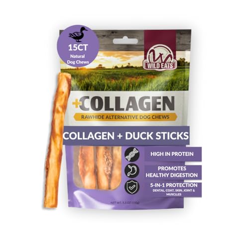Wild Eats Real Duck Collagen Retriever Bully Sticks for Dogs, 15 Count Pack | Rawhide and grain free no hide chew treats, low fat and high protein recipe, long lasting, satisfies natural gnawing urges - size: 5.3 Ounce (Pack of 15)