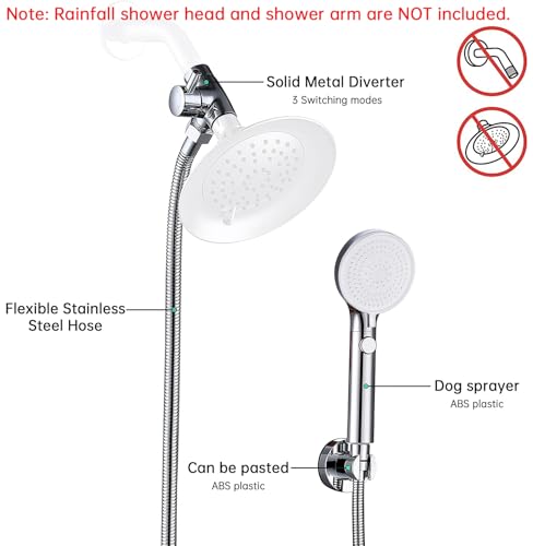 Dog Shower Head Sprayer Pet High Pressure 3 Mode Handheld with ON OFF Switch Metal Diverter 100 Inch Extra Long Stainless steel Hose No Drill Hook Chrome