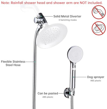 Dog Shower Head Sprayer Pet High Pressure 3 Mode Handheld with ON OFF Switch Metal Diverter 100 Inch Extra Long Stainless steel Hose No Drill Hook Chrome