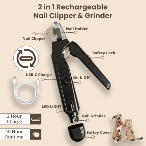 2-in-1 Dog & Cat Nail Clippers with Light, USB Rechargeable Pet Nail Trimmer, Safety Guard to Prevent Overcutting, Sharp Blade for Thick Nails, Quiet Grooming Tool for Large Small Pets - color: black