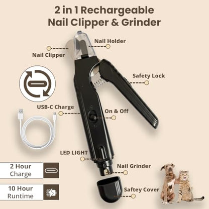 2-in-1 Dog & Cat Nail Clippers with Light, USB Rechargeable Pet Nail Trimmer, Safety Guard to Prevent Overcutting, Sharp Blade for Thick Nails, Quiet Grooming Tool for Large Small Pets - color: black