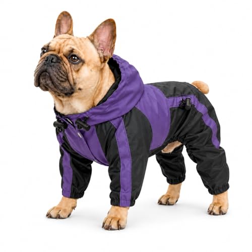 Lovelonglong American Bully Pitbull Dog Hooded Raincoat, Bulldog Rain Jacket Poncho Waterproof Clothes with Hood Breathable 4 Feet Four Legs Rain Coats for Pugs English French Bulldog Purple B-S - color: Purple, size: B-S (for Bulldog/Beefy dog)