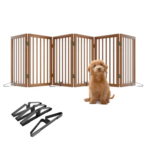 Freestanding Pet Gate Foldable Dog Gate (110 inches Wide) Walnut Bamboo Dog Gates for Stair Doorways House Puppy Fences Indoor (4 Support Feet Included) - color: Walnut, size: 6 Panel - 110 inches Wide
