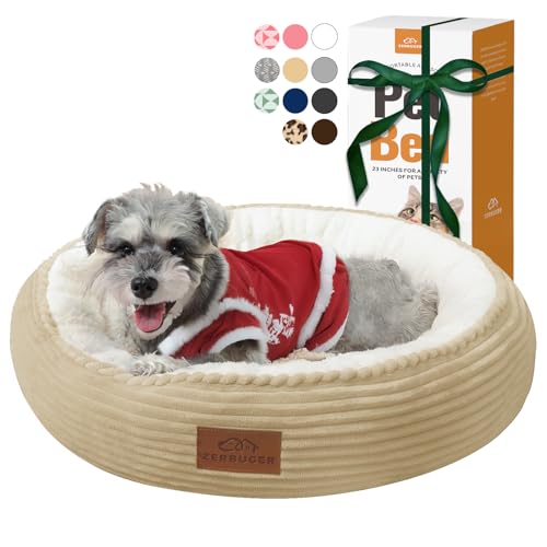 Zerbuger Cat Bed, 23In Dog Beds for Small Dogs, Calming Cat & Dog Beds for Indoor Pets, Pet Beds Comfortable Donut Round Ultra Soft (Camel, 23" L x 23" W x 6.5" Th) - color: Camel, size: Medium