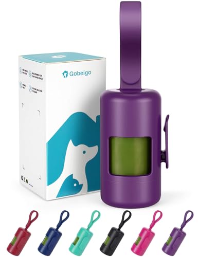 Gobeigo Dog Poop Bag Holder【Convenient Hook for Used Bags】【Silicone Strap Fits Any Leash】【Large Opening for Easy Dispensing】with 1 Roll Waste Bags (Purple) - color: Purple