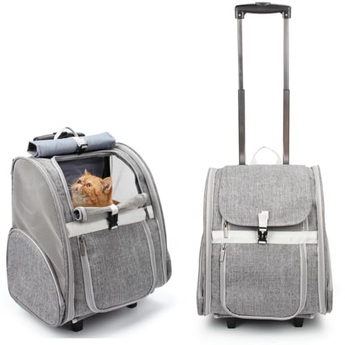 Lollimeow Pet Rolling Carrier, Dog Backpack with Wheels,Cats,Puppies Travel Bag with Wheels,Dog Trolley(Grey) - color: Grey