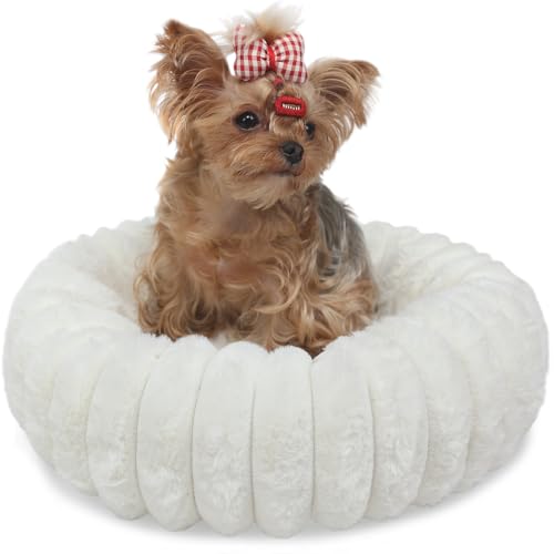 Tiny Dog Bed for Small Dogs and Cats – 16 Inch Donut Washable Soft Comfort Indoor Extra Small Pet Bed,Calming Anti-Anxiety Non-Slip Fluffy Plush Faux Fur Round Puppy Beds Fits Up to 5 lbs Pets,Cream - color: Cream, size: 16"L x 16"W x 3.5"Th