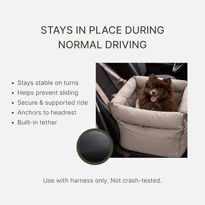 Dog Booster Car Seat for Small Dogs, Stable Non-Slip Design Up to 35 lbs, Water-Resistant PU Travel Carrier with Headrest Straps, Built-in Tether & Storage — Gray