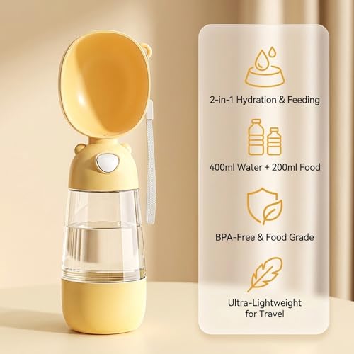 2-in-1 Dog Water Bottle, 400ML Water + 200ML Food Leak-Proof Pet Travel Water Dispenser with Detachable Bowl, BPA-Free Portable Dog Water Bottle for Walking, Hiking, Travel (Yellow) - color: yellow