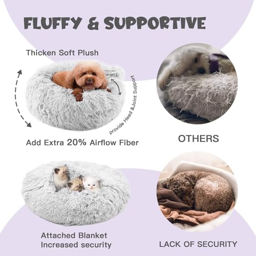 Himax Donut Dog Beds for Large Dogs with Blanket, Cozy Soft Fluffy Round Dogs Beds, Calming Dog Bed Washable (20"/26"/35") Light Grey - color: Light Grey, size: 35.0"L x 35.0"W x 10.0"Th