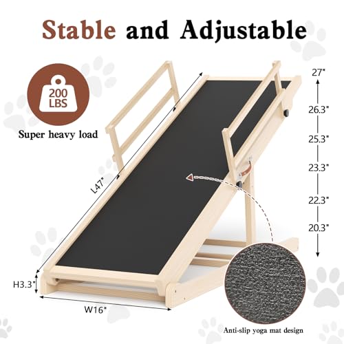 Dog Ramp for Bed Couch, 47" Long Pet Steps for Small Medium Dogs | 6 Heights 20.3"-27", Holds 200 lbs, Foldable, 2 Safety Side Rails, For Older/Injured Pets, Solid Wood, Anti-slip Yoga Mat - size: 47"L x 16"W x 3.3"H