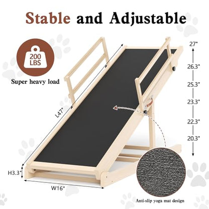 Dog Ramp for Bed Couch, 47" Long Pet Steps for Small Medium Dogs | 6 Heights 20.3"-27", Holds 200 lbs, Foldable, 2 Safety Side Rails, For Older/Injured Pets, Solid Wood, Anti-slip Yoga Mat - size: 47"L x 16"W x 3.3"H