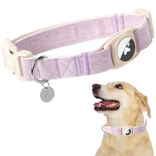DOGWONG Airtag Cotton Hemp Dog Collar, Heavy-Duty Dog Collar with Airtag Holder Purple Collars Natural Fabric Cute Puppy Necklace for Small Medium Large Dogs - color: Light Purple, size: Extra Small