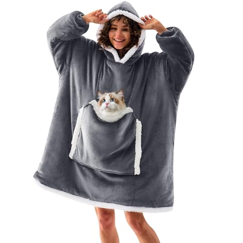 JOYWOO Wearable Blanket Hoodie, Birthday Gifts for Women Men Mom, Oversized Hooded Blanket for Adult, Cozy Fuzzy Sherpa Sweatshirt Blanket with Giant Pocket,Grey - color: Grey, size: Adult