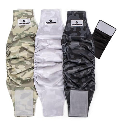 Pet Parents® Washable Belly Bands for Male Dogs (3pack) + Extendrs® of Durable Dog Diapers Male, Premium Male Dog Diapers & Dog Wraps (Medium, Camo) - color: Camo, size: Medium (16-20")