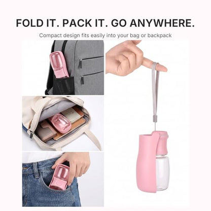 Foldable Dog Water Bottle, Leak Proof Portable Pet Water Dispenser for Dogs and Cats, One-Hand Travel Water Bottle for Walking Hiking Outdoor Use (350ml, Pink)