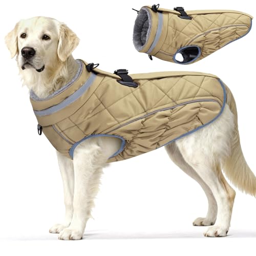 Dog Coat, Warm Dog Winter Coat for Large Dogs, Waterproof Jacket with Harness Built in, Reflective Turtleneck Cold Weather Coats with Zipper,Pet Fleece Vest Snow Jacket, Brown L - color: Brown, size: L