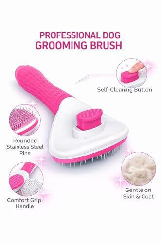 Self Cleaning Slicker Brush for Dogs & Cats – Deshedding Grooming Tool with One Click Hair Removal – Gentle for Sensitive Skin - color: PINK