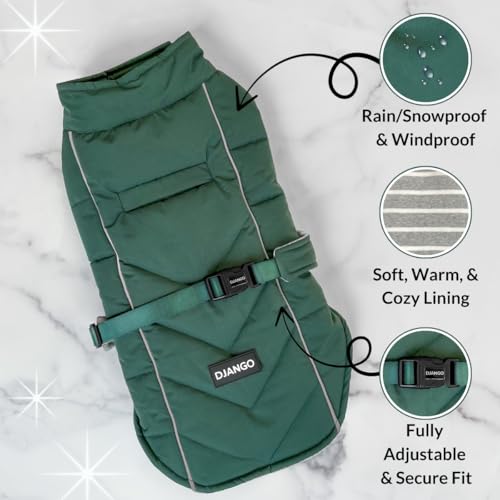 DJANGO Insulated Puffer Dog Jacket with Harness Hole – Warm, Water-Repellent Winter Dog Coat Small Dogs, Dachshunds, Puppies – Adjustable, Reflective Cold Weather Dog Apparel – Lafayette Green, Small - color: Lafayette Green, size: Small