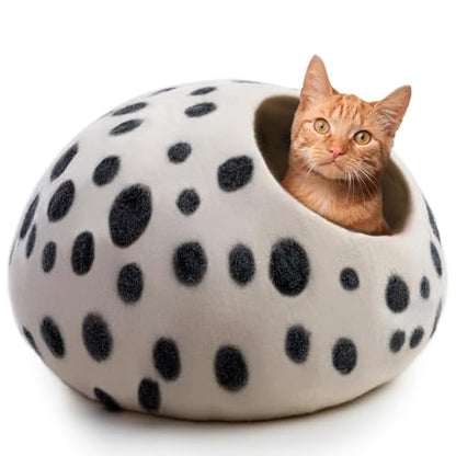 Luxurious Merino Wool Cat Cave - Cats Curl Into Instantly - Foldable Hideaway Pod for Indoor Cats - Felt Kitten Pet Enclosure - Covered Cat House by Woolygon - color: White Polka