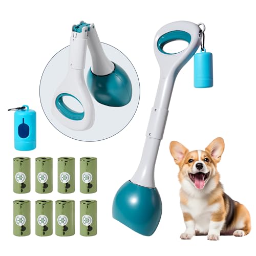 Dog Pooper Scooper Portable with Bag Attachment, One Handed Foldable Design, Includes 120 Waste Bags and Dispenser, 19 Inch Handle for Grass Yard Gravel Cleanup (Green) - color: Green + 120 garbage bags + dispenser