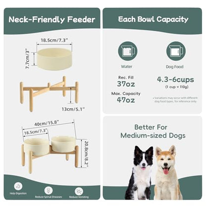 Havniva 7.3inch Ceramic Raised Dog Bowl with Stand, Double Dog Bowls Elevated for Medium Breed Dog Food and Water Bowl Set Non-Slip Dog Dish Large Capacity Feeding Pet Water Bowl - color: 2 Bowls+Stand - Light Yellow, size: 7.3inch