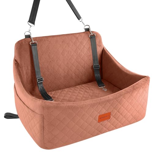 Wooaidagg Dog Car Seat for Medium & Large Dogs Up to 55lbs, Memory Foam Cushion, Washable Cover, Safety Straps & Non-Slip Base (Brown, Large) - color: Brown