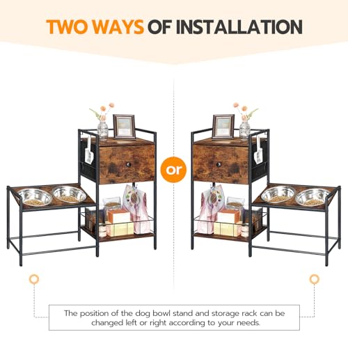 HOOBRO Elevated Dog Bowls Stand with Drawer, Height Adjustable Raised Feeding Station Cabinet with Storage Basket, 4-IN-1 Pet Storage Organizer for Large Medium Breeds, Rustic Brown and Black BF22PO03