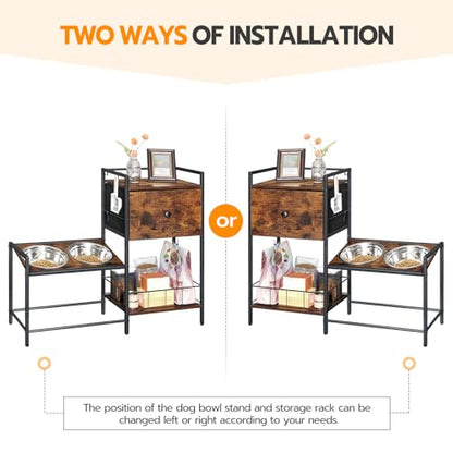 HOOBRO Elevated Dog Bowls Stand with Drawer, Height Adjustable Raised Feeding Station Cabinet with Storage Basket, 4-IN-1 Pet Storage Organizer for Large Medium Breeds, Rustic Brown and Black BF22PO03