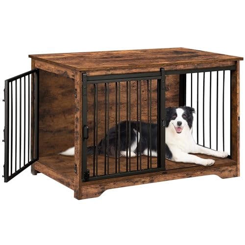 Hzuaneri 39.3" Dog Crate Furniture with Barn Door, Heavy Duty Dog Kennel Indoor with 2 Doors, Wooden Pet Cage End Table for Large Small Medium Dogs, Anti-Chew Anti-Escape, Rustic Brown DFC02301B - color: Rustic Brown, size: 39.3"L x 23.6"W x 26.8"H