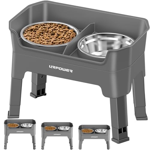 URPOWER 3-in-1 Elevated Dog Bowls - Mess Proof Double Deck 4 Height Adjustable Raised Stand with 2 Stainless Steel Food Bowls & Licking Plate for Small, Medium & Large Dogs - color: Grey, size: Large