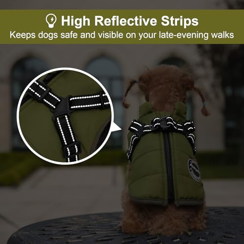 Dog Winter Coat, Warm Dog Jacket Reflective Adjustable Fleece Vest with Harness Built in, Windproof Pet Snow Jacket Snowsuit with Zipper for Small Medium Dogs, Green XS - color: Green, size: X-Small