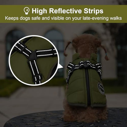 Dog Winter Coat, Warm Dog Jacket Reflective Adjustable Fleece Vest with Harness Built in, Windproof Pet Snow Jacket Snowsuit with Zipper for Small Medium Dogs, Green XS - color: Green, size: X-Small