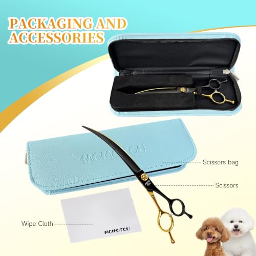45° Super Curved Dog Grooming Scissors 7.5" | 440C Stainless Steel, CNC, Big Arc Curved, Sharp and Durable, Professional Groomers，Black & Gold，Adjustable Screw