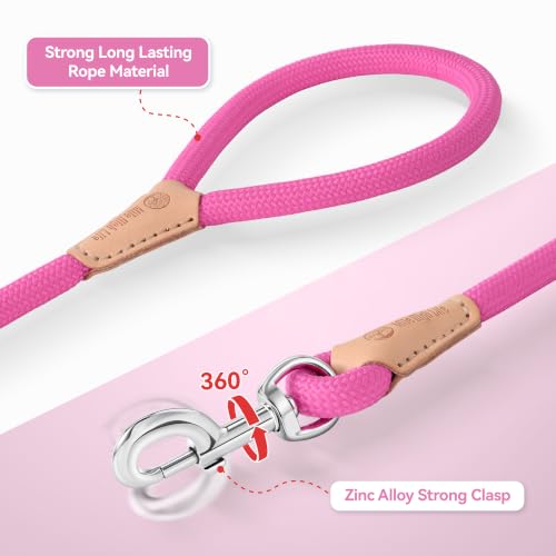 Mile High Life Dog Leash, Rope Leash with Genuine Leather Connection and Heavy Duty Metal Clasp, Great for Small Medium Large Dogs(Hot Pink,48 Inch) - color: Rope Handle-Hot Pink, size: 48 Inch-1/2"