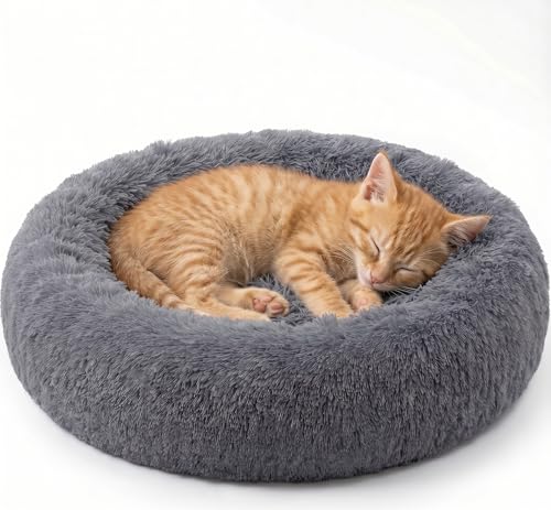 SAVFOX 20 inches Calming Donut Dog Bed - 3X Durable Plush Faux Fur, Machine Washable & Non-Slip, Fits up to 15 lbs, Dark Grey - color: Dark Grey, size: X-Small | 20"x20"