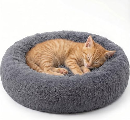 SAVFOX 20 inches Calming Donut Dog Bed - 3X Durable Plush Faux Fur, Machine Washable & Non-Slip, Fits up to 15 lbs, Dark Grey - color: Dark Grey, size: X-Small | 20"x20"