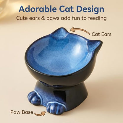 Nihow Slanted Elevated Cat Bowls: 6.25 Inch Ceramic Raised Cat Food Bowl for Protecting Pet's Spine - Microwave & Dishwasher Safe -Elegant Blue & Black (6.8 OZ /1 PC) - color: Blue & Black, size: 6.8 OZ