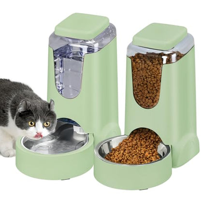 2 Pack Automatic Cat Feeder and Stainless Steel Water Dispenser, Gravity Dog Waterer Set Food Feeder and Waterer Set for Small Medium Kitten Puppy Pets(1 Gallon x 2, Green) - color: 1 Gallon x 2 - Green