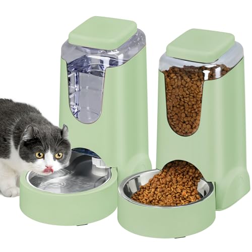 2 Pack Automatic Cat Feeder and Stainless Steel Water Dispenser, Gravity Dog Waterer Set Food Feeder and Waterer Set for Small Medium Kitten Puppy Pets(1 Gallon x 2, Green) - color: 1 Gallon x 2 - Green