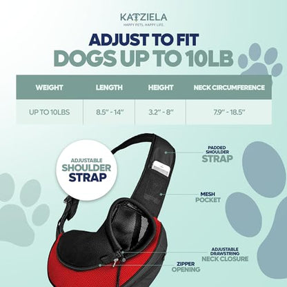 Expandable Pet Carrier Sling Bag - Small Dog, Puppy and Cat Carrier Front Shoulder Backpack w/Harness Strap - Carrying Pouch for ESA, Animal Travel - PU Leather Bottom, Mesh Pocket by Katziela (Red) - color: Red