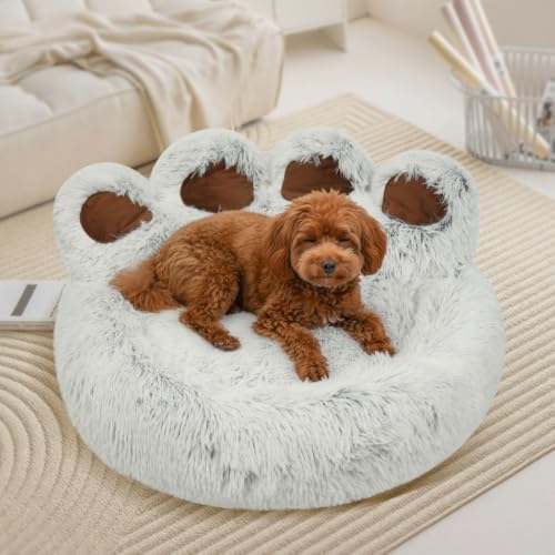 Round Plush Calming Donut Dog & Cat Bed | Calming Design, Donut Shape - color: Light Grey, size: Medium
