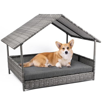 Heeyoo Wicker Dog House, Elevated Rattan Dog Bed with Canopy, Large Dog House Outdoor with Water Resistant Cushion, Outside Rattan Dog House for Dogs with Protective Cover, Grey