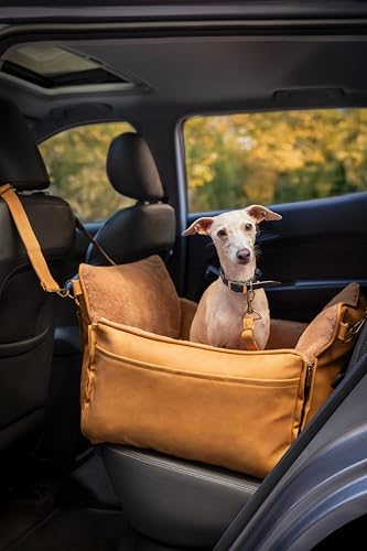 NOAH & PAW Small Dog Car Seat for Small Medium Pets with Harness Clip, 4X Safety Feature, Washable Dog Seat for Car, Orthopedic Foam Wrapped with Plush, Vegan Leather - color: Camel
