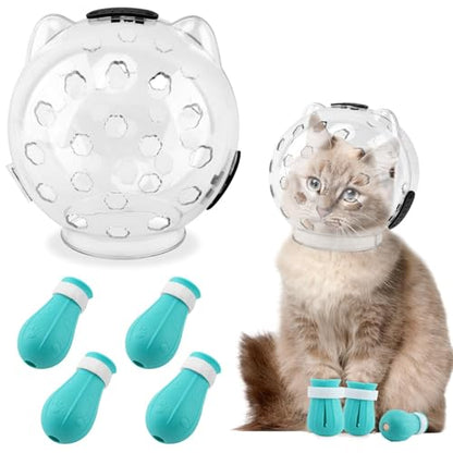 Cat Muzzle for Grooming, Adjustable Breathable Transparent Cat Astronaut Helmet with 4 Silicone Paw Shoes for Bath Nail Trimming(M for 5-10lbs Pets) - size: M (for 5-10lbs Pets)