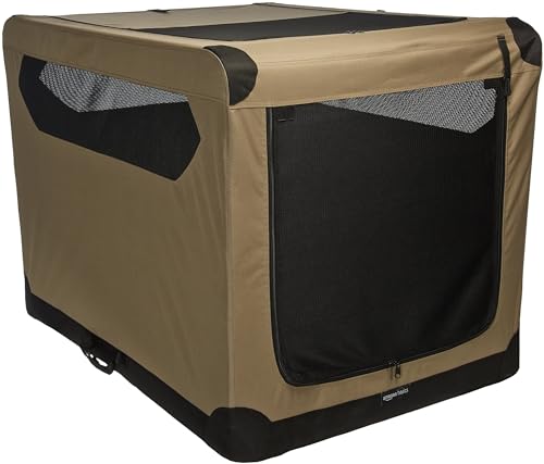Amazon Basics Portable Folding Soft Dog Crate, Double Door, Collapsible Travel Kennel, Easy to Set Up, Sturdy, Secure, XL 42" x 31" x 31", Tan - color: Tan, size: 42.0"L x 31.0"W x 31.0"H