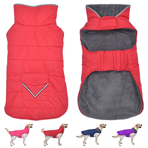 Petglad Dog Coat, Waterproof Dog Winter Jacket with Pocket, Reflective Adjustable Pet Snow Vest, Warm Cozy Fleece Sweater for Small Medium Extra Large Dogs - Red, XS - color: Red, size: XS(Chest Girth:8.7-12.6")